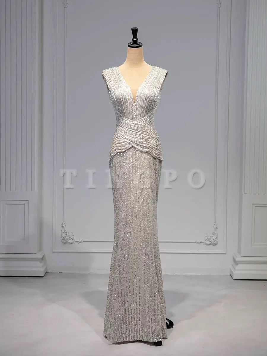 Wholesale Elegant Mermaid V Neckline Sequin Party Dress Prom Dresses Evening Dress formal wear dresses